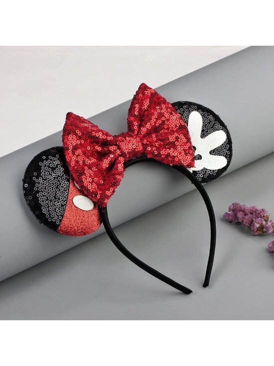 Women Red Bow 2 Sequin Handmade Mickey Mouse Headband 2 Pieces main image 4